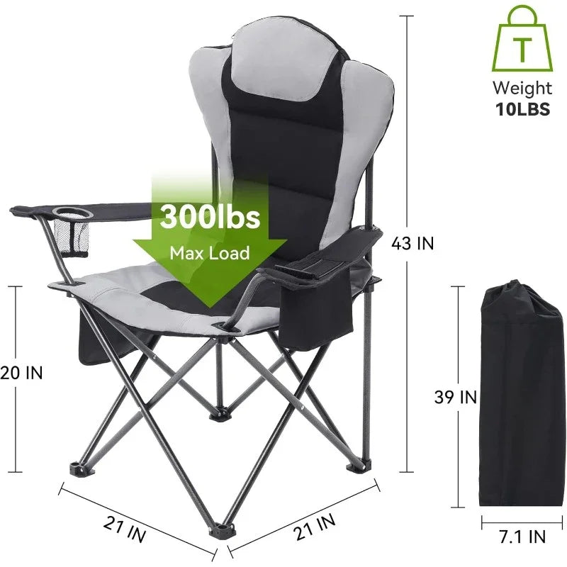 Outdoor Folding Camping Chairs w/ Cup Holder, Cooler Bag, Supports up to 300lbs (2 Pcs, Black)