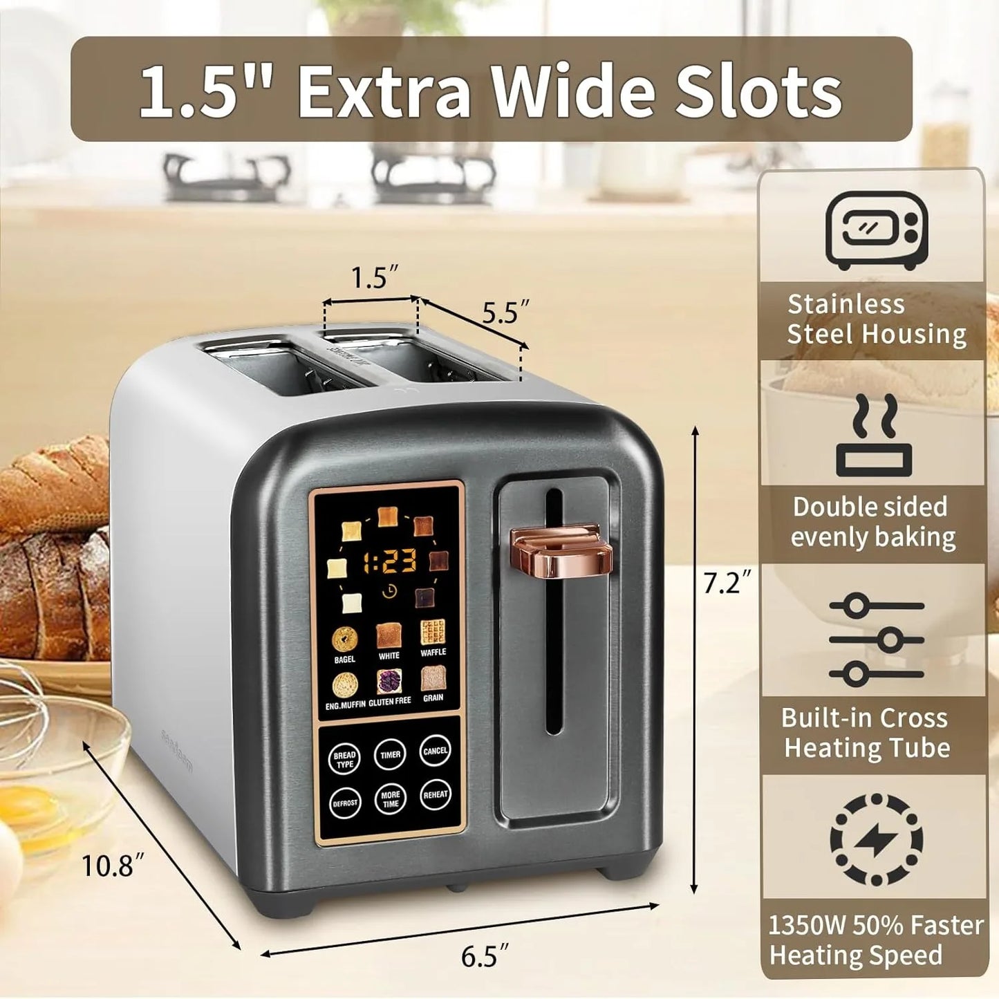 Toaster 2 Slice, Stainless Toaster LCD Display&Touch Buttons, 50% Faster Heating Speed, 1.5''Wide Slot, 1350W, Dark Metallic