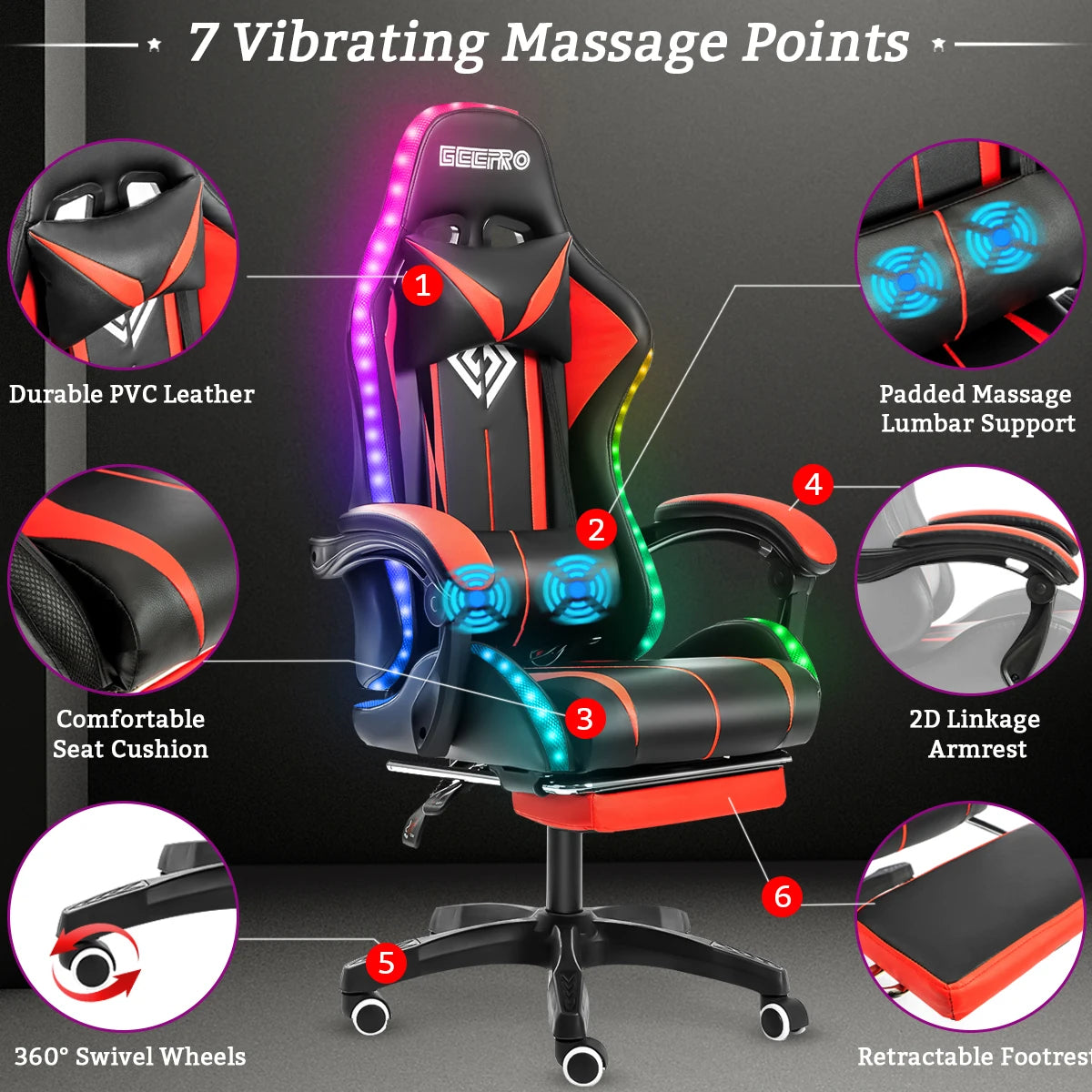 RGB Light Gaming/Computer/Office Chair 135 Degrees Swivel 2 Point Massage Recliner Bluetooth Speaker