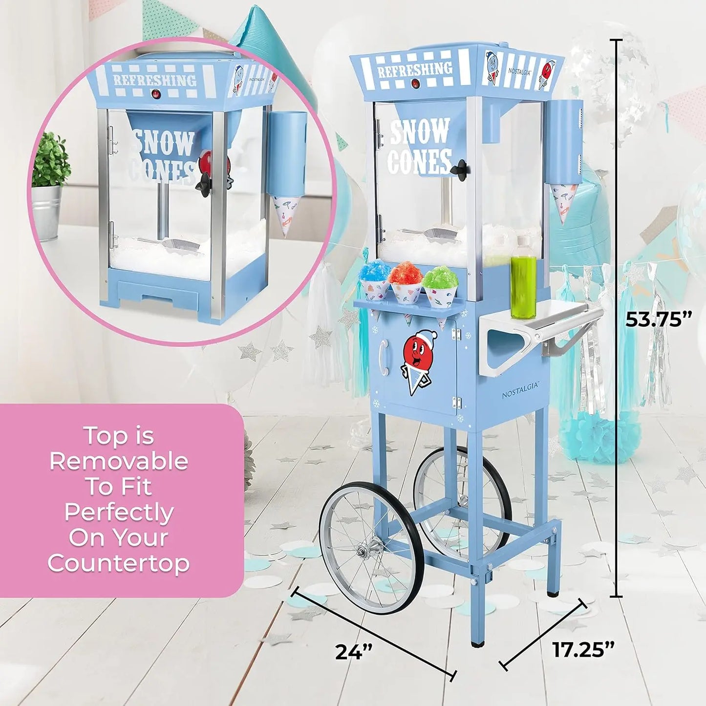 Snow Cone Shaved Ice Machine - Retro Cart Slushie Makes 72 Icy Treats Metal Scoop, 2 Syrup Bottles