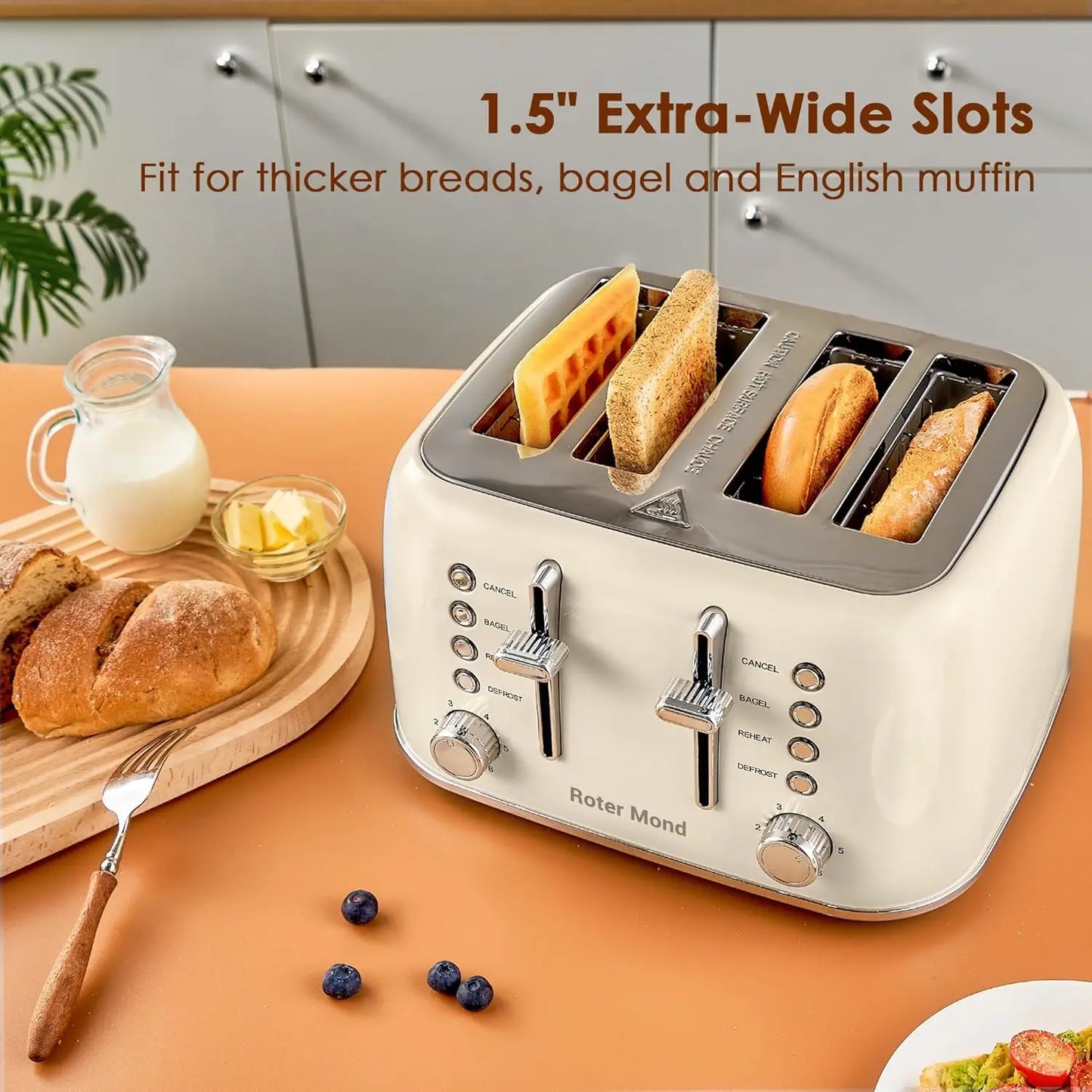 ROTOR MOND Toaster 4 Slice Retro Stainless Steel w/Extra Wide Slots Bagel, Defrost, Reheat Function