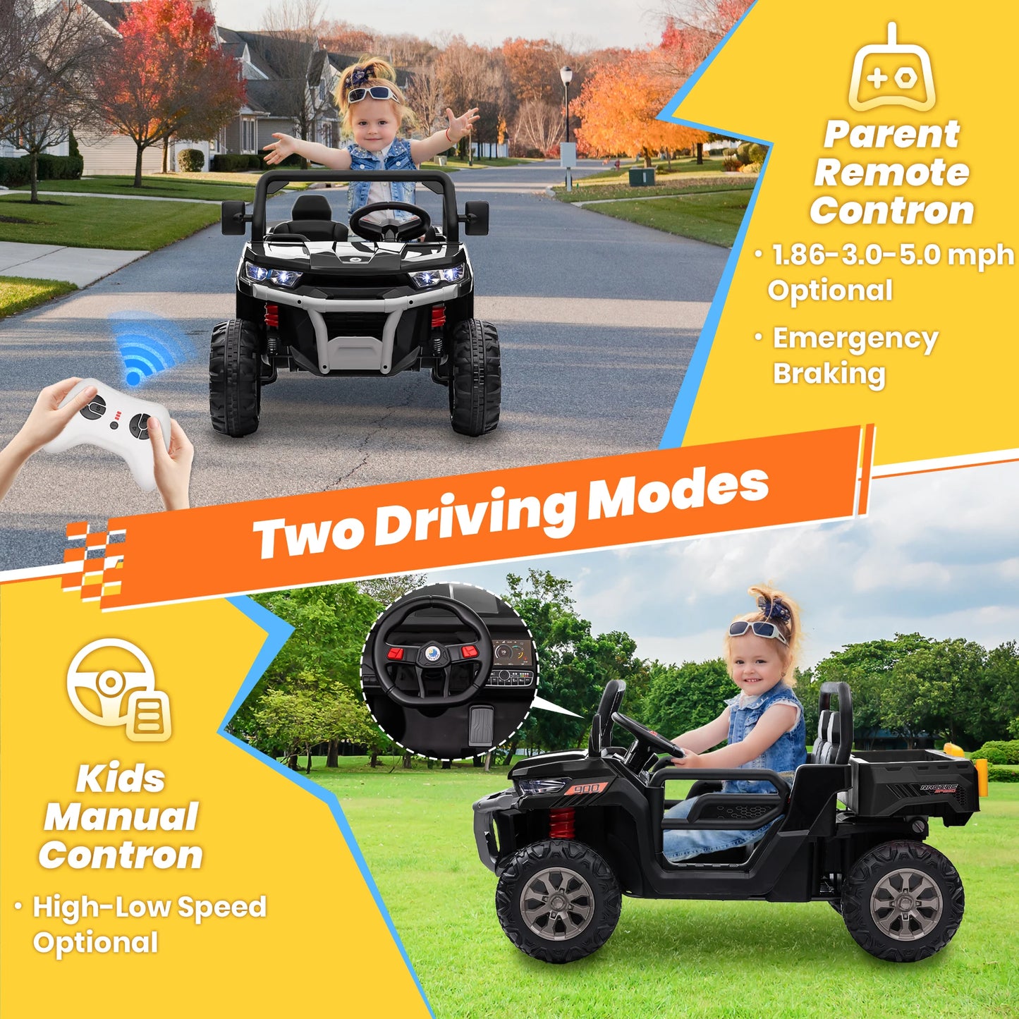 24V Ride on Dump Truck, 2 Seater Kids UTV Electric Car w/2.4G Remote Control, 4 Wheeler, Bluetooth