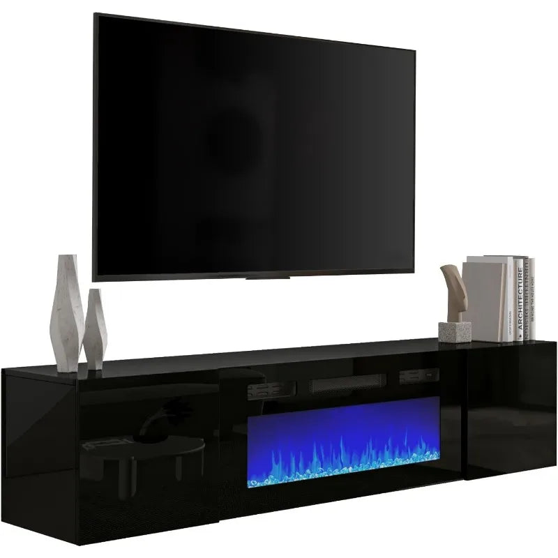 Floating TV Stand w/ 36" Electric Fireplace,High Gloss Finish Wall Mounted Entertainment Center