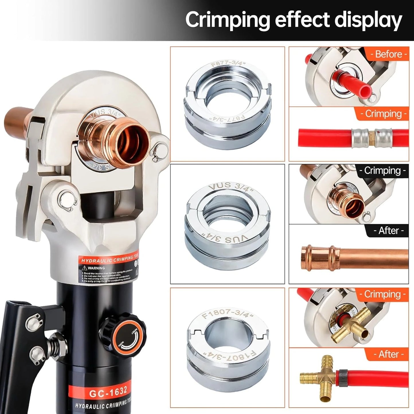Hydraulic Copper Pipe Tube Fittings Crimping Tool/1/2,3/4,1" Dies/ F877 Stainless/PEX Press/Copper