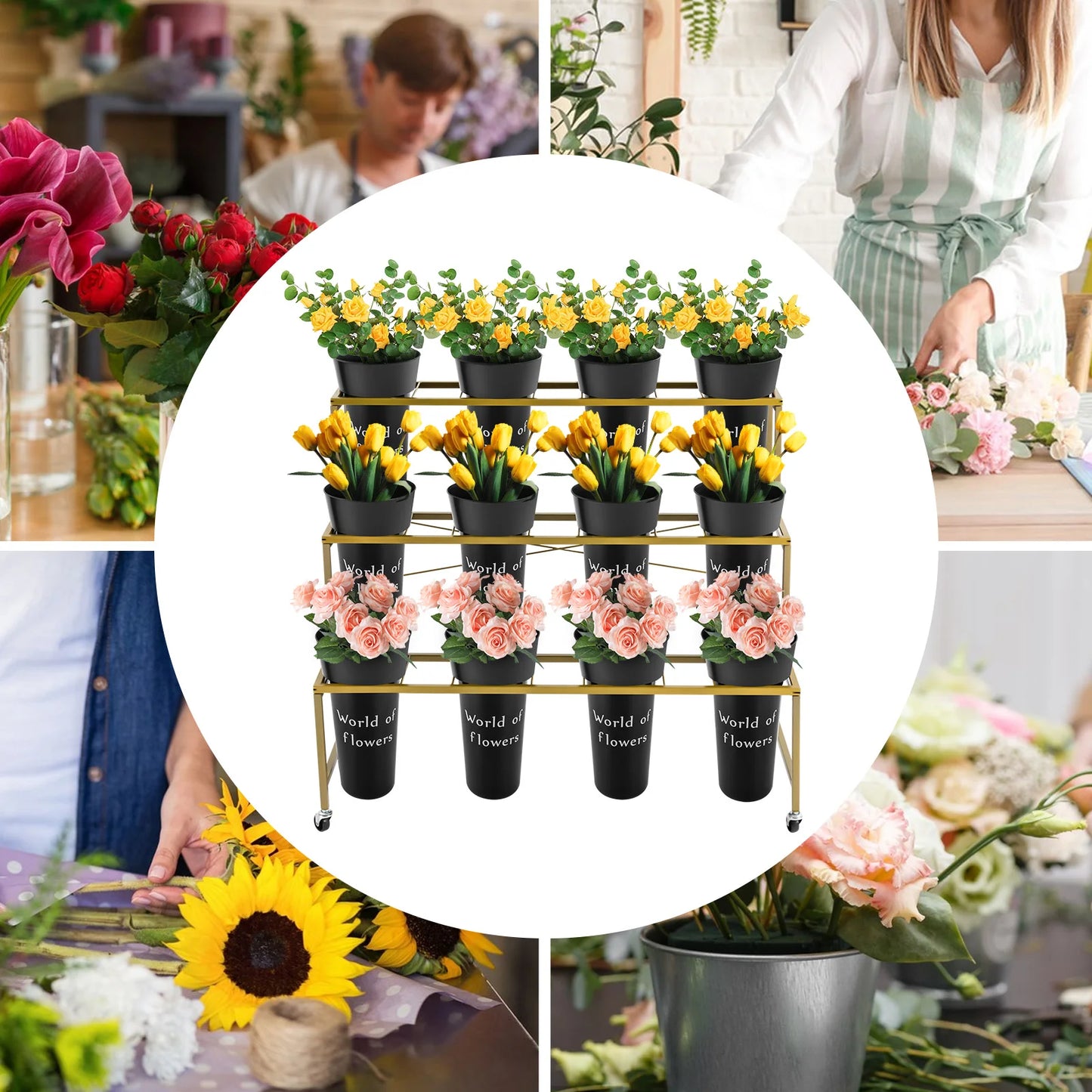 3 Layers Flower Display Stand with 12PCS Black Buckets,Metal Moving Plant Stand w/Wheels Display