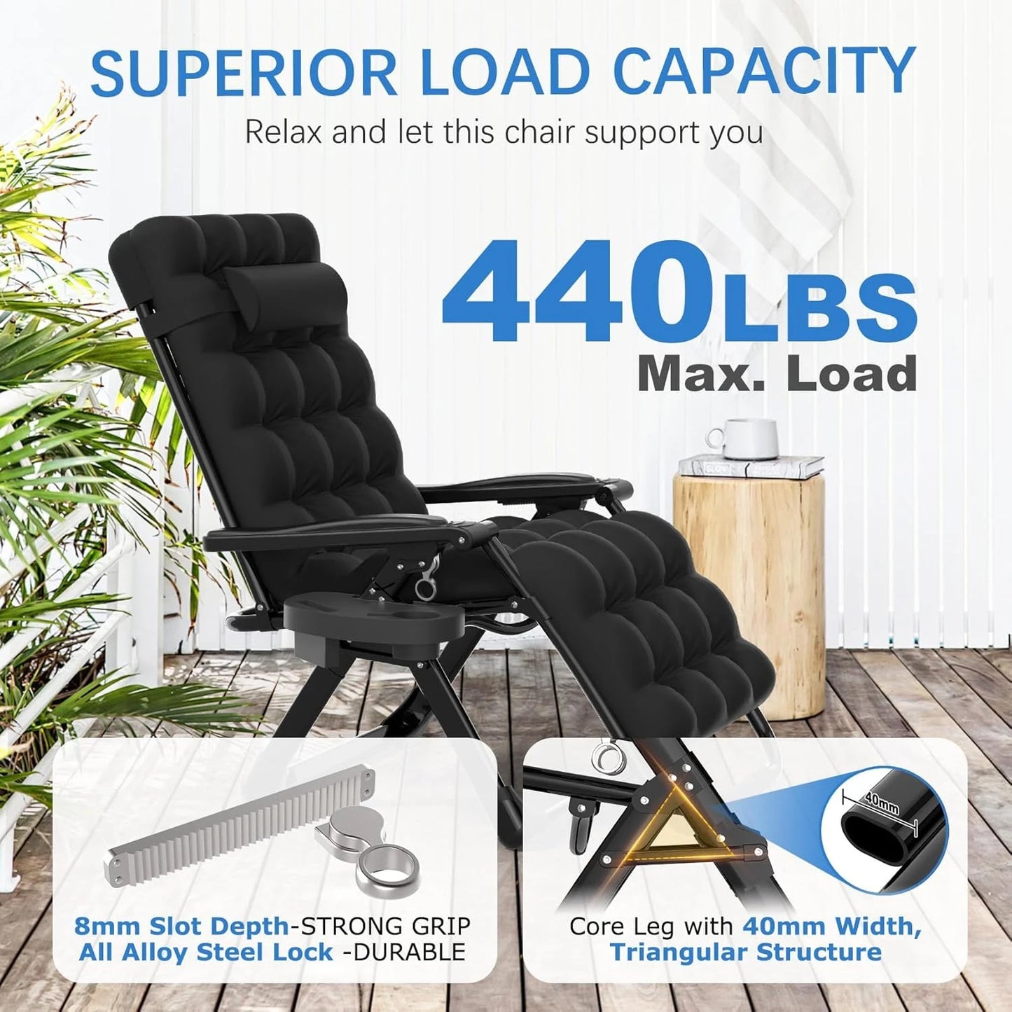 3-in-1 Zero Gravity Folding Lounge Chair, Heavy Duty Steel Frame 500LBS Weight Capacity