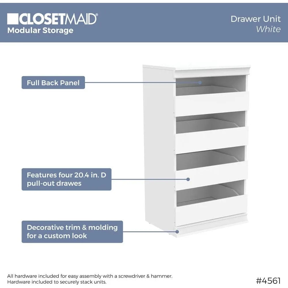 Modular Storage Unit with 4 Drawers, Wood Closet Organizer, Stacking, Full Backer, Storage, Decorative Trim, White