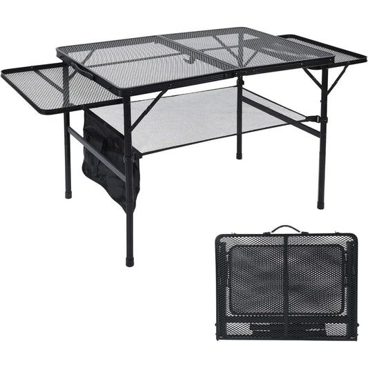 Folding Grill Table, Portable Camping Table with 2 Wing Panels, Height Adjustable Metal Table