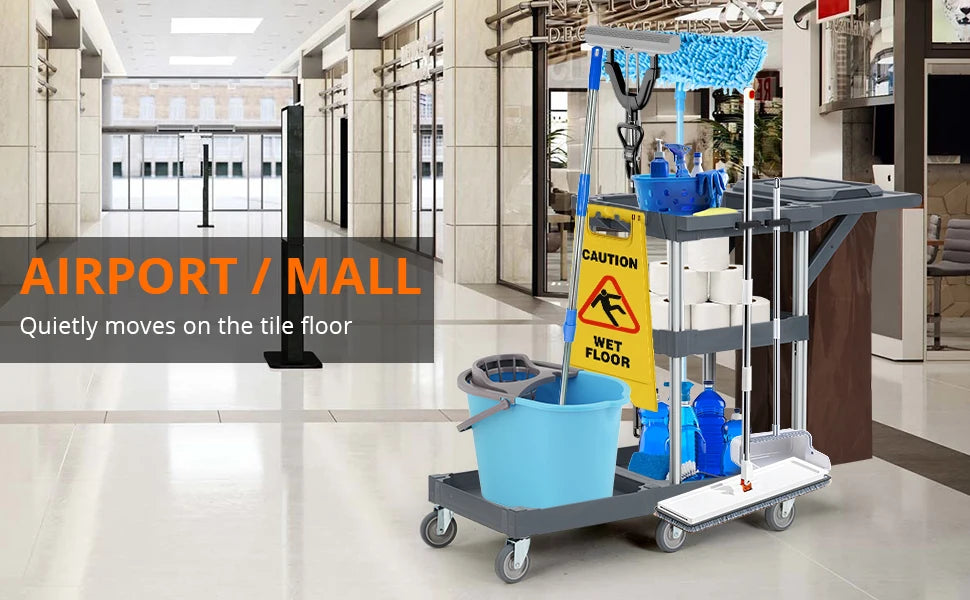 Cleaning Janitorial Cart On Wheels,25 Gallon Vinyl bag, Extra-Large Front Platform,Heavy-Duty