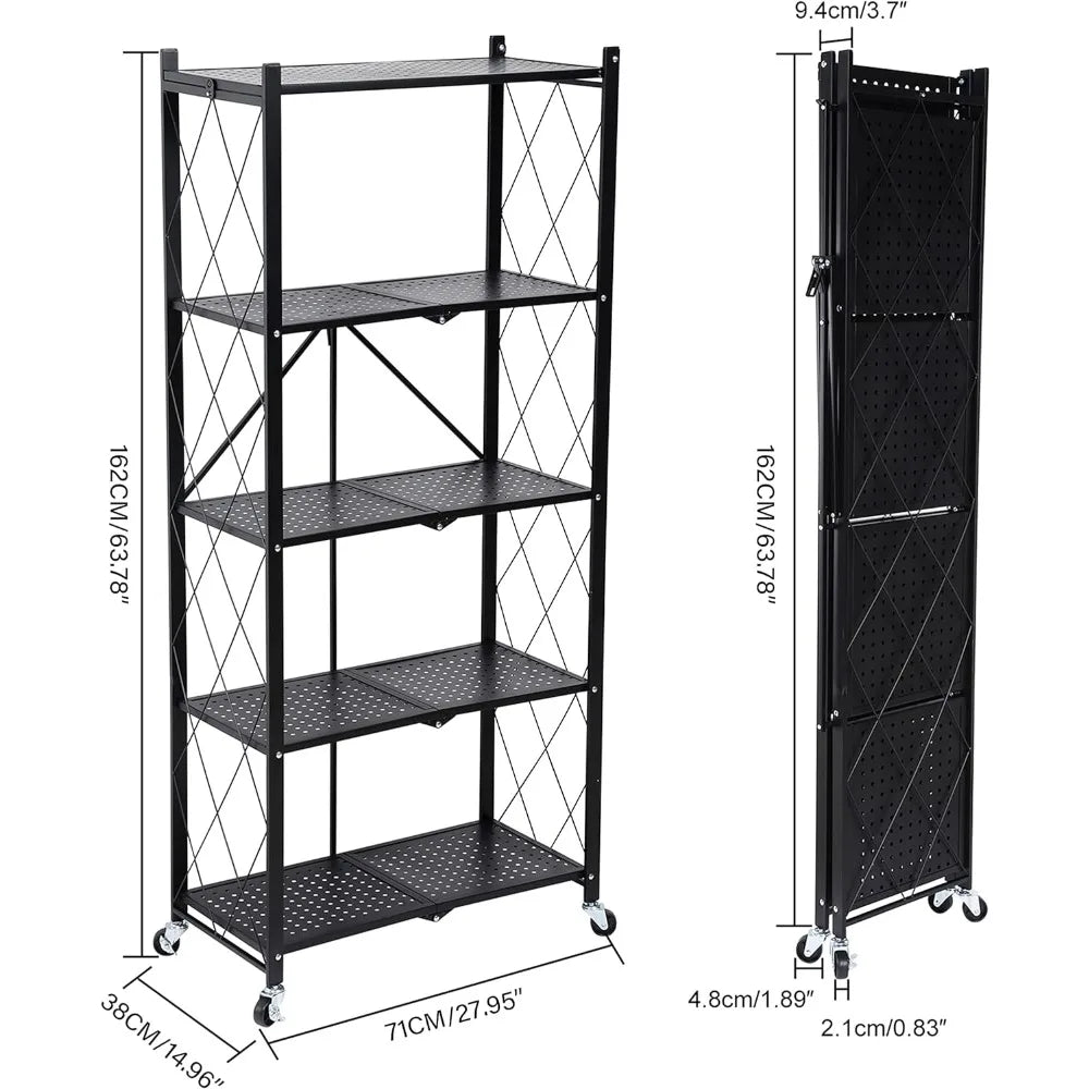 5-Tier Heavy Duty Foldable Metal Rack Storage Shelving Unit With Wheels Moving Easily Organizer