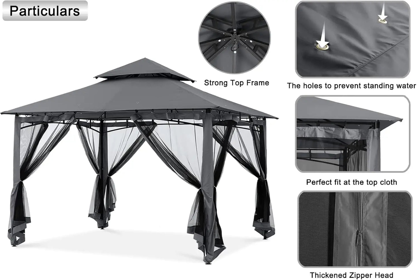 Outdoor Garden Gazebo w/Steel Frame & Netting Walls 10x10 Black- Rustproof & Stable Double Tiered