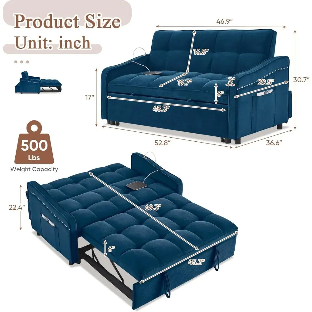 3 in 1 Sleeper Sofa Couch Bed w/USB & Type C Port, 52" Small Modern Loveseat Sofa w/Pull Out Bed