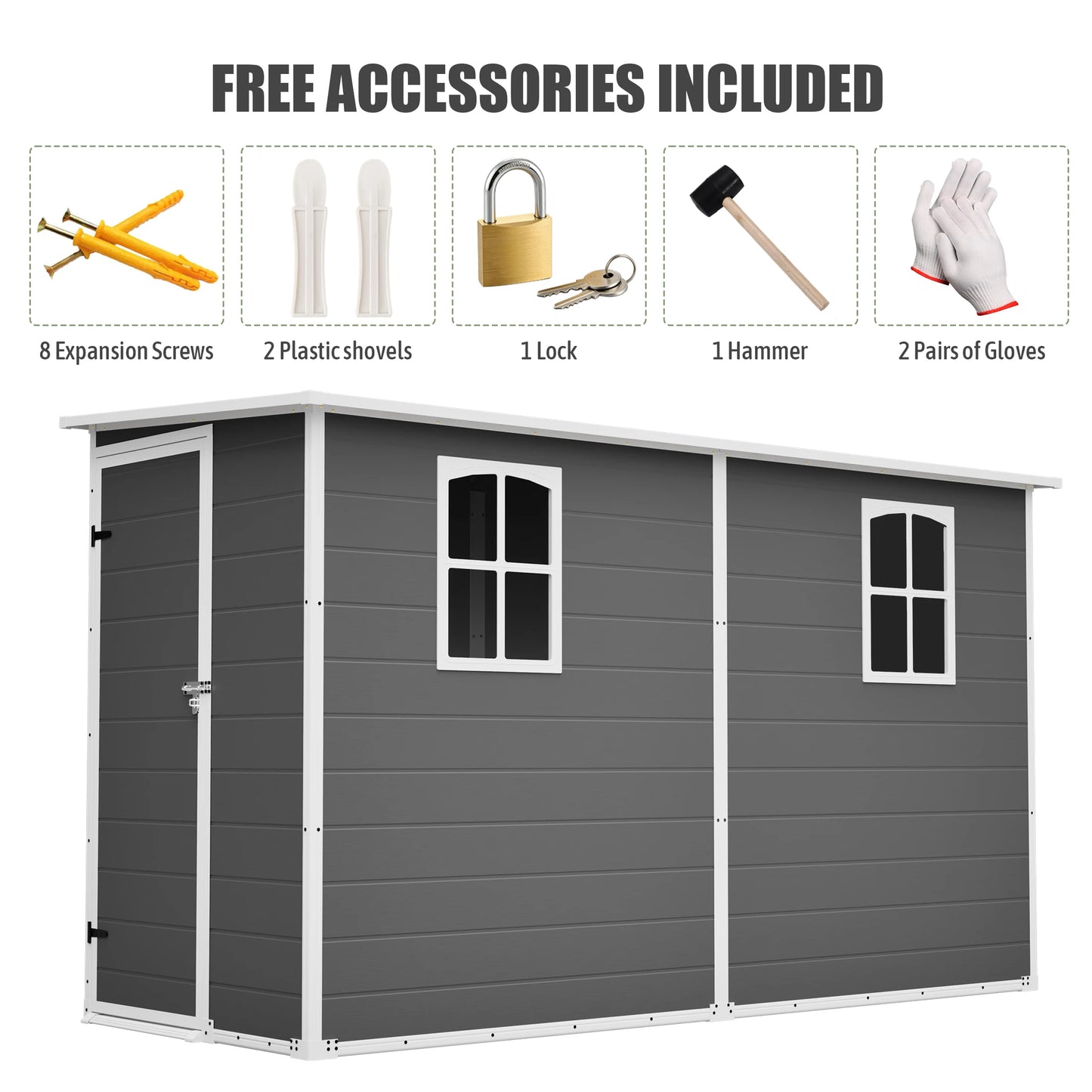 4x10 FT Gray Plastic Outdoor Storage Shed Metal Roof Two Clear Windows for Bicycles Trash Bins