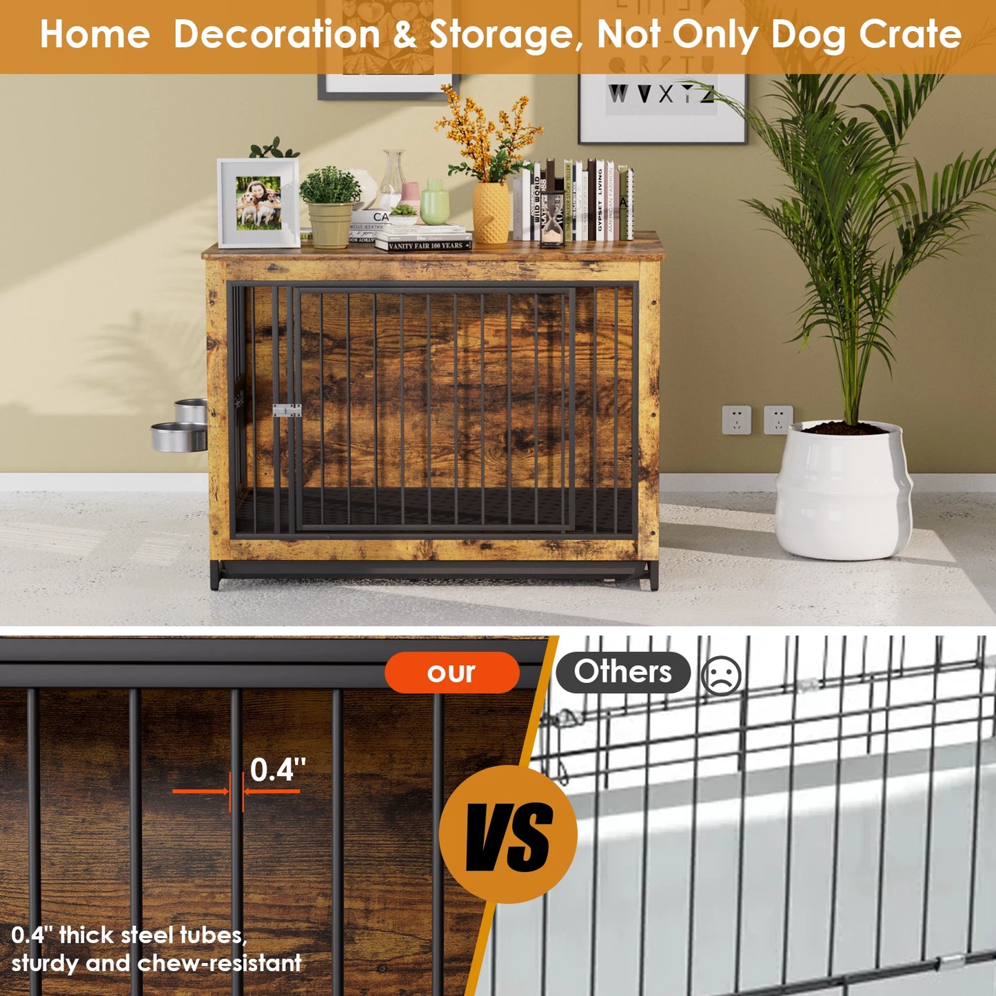 AOOU Furniture Style Dog Crate w/2 Bowls, Wooden End Table, Adjustable Feeder, Removable Tray