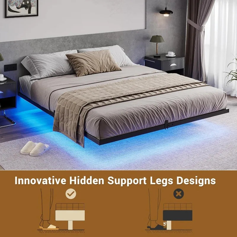 Floating Bed Frame with LED Lights, Metal Platform Full Bed, No Box Spring Needed