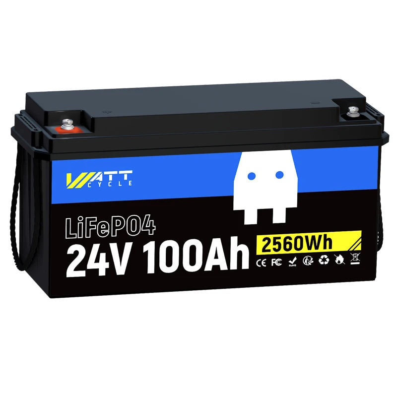 Wattcycle LiFePO4 Lithium Battery 24V 100Ah Portable 2560Wh With BMS 100A Car Battery