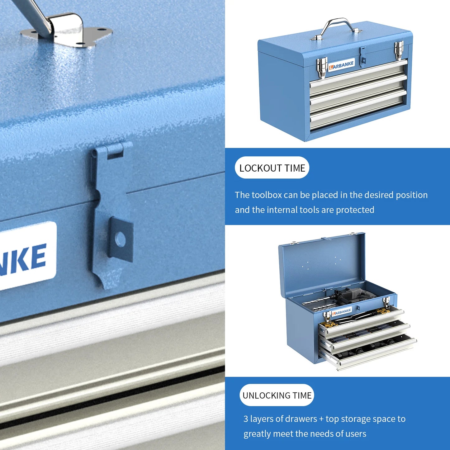 Portable Tool Box,with 3 Drawers and Top Storage Tray,Lockable 3-Drawer Tool Box with Liner