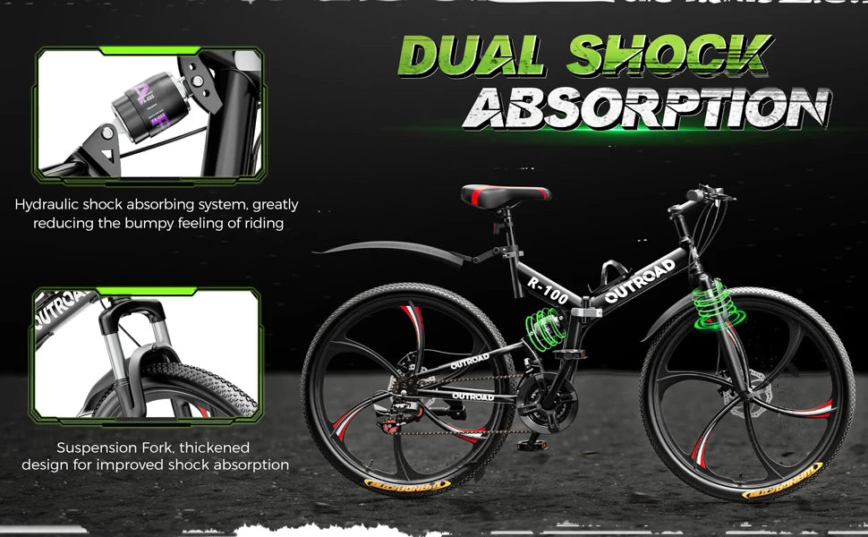 26 Inch Folding Mountain Bike,Full Suspension High-Carbon Steel Foldable Bicycle, Dual Disc Brake