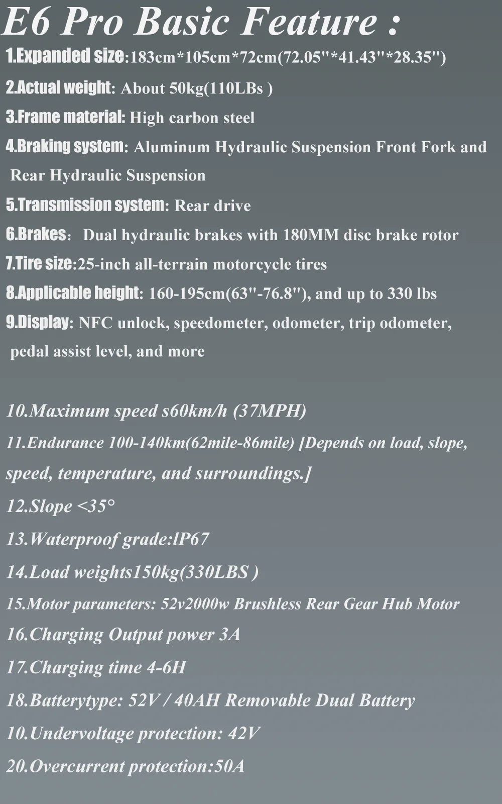 FVKING E6 Electric Bicycle 2000W Waterproof Dual Motor 52V 40AH Battery 25-inch Off-road Tires