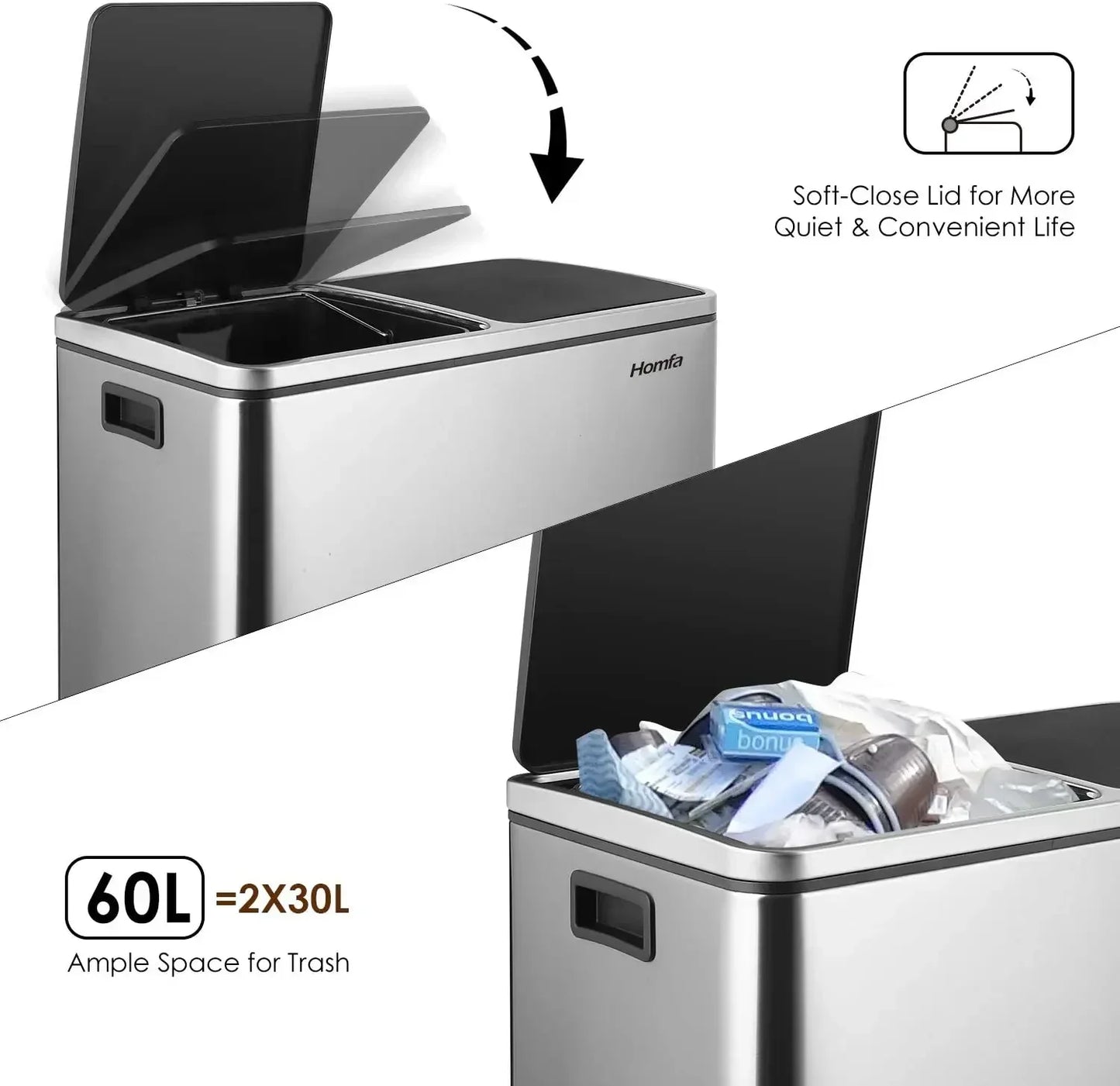 60L/16Gal Hands-Free Dual Compartment Kitchen Step Trash Can/Soft-Close Lid Brushed Stainless Steel