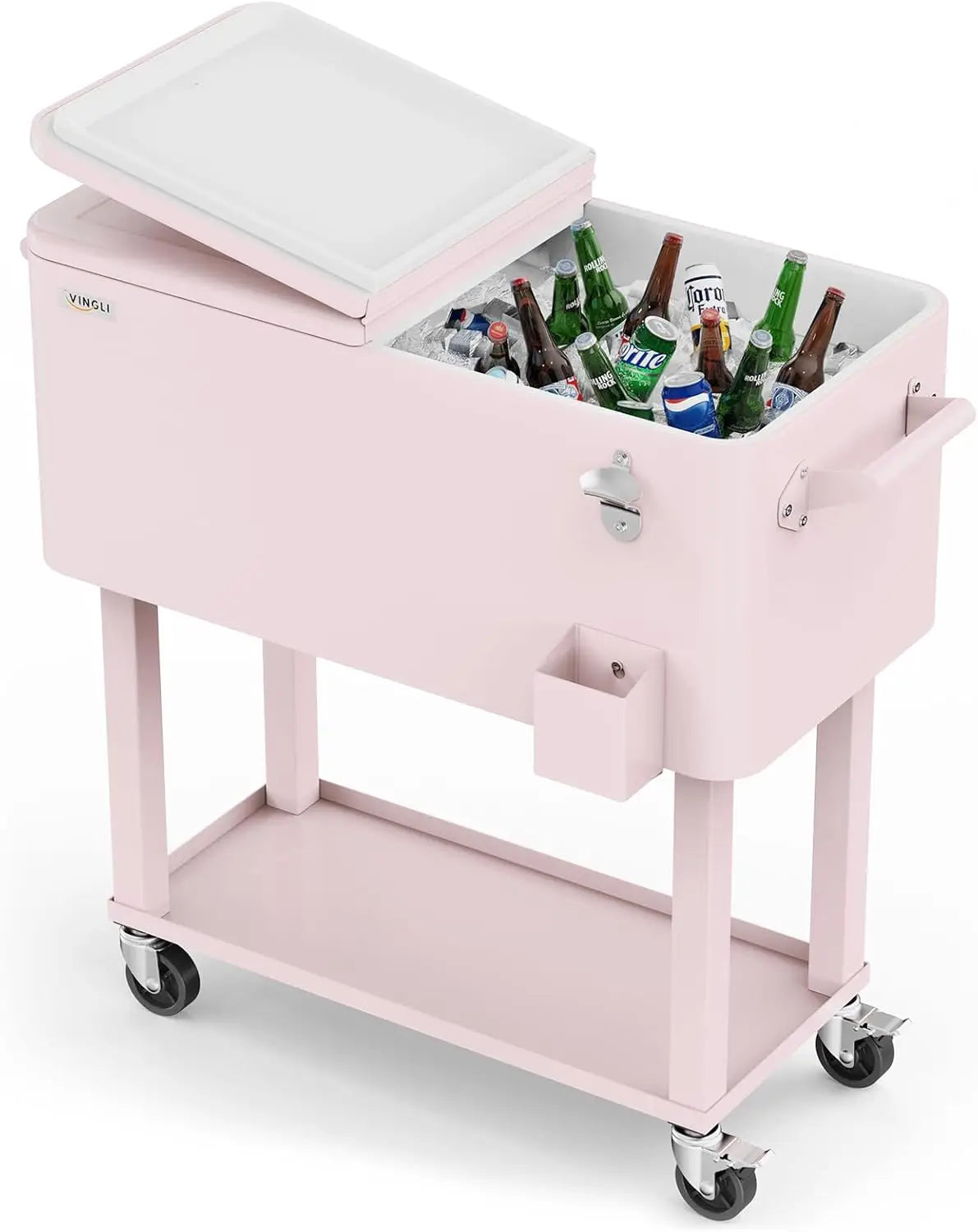 VINGLI 80 Quart Rolling Ice Chest, Portable Patio Party Bar Drink Cooler Cart,w/Shelf, Bottle Opener