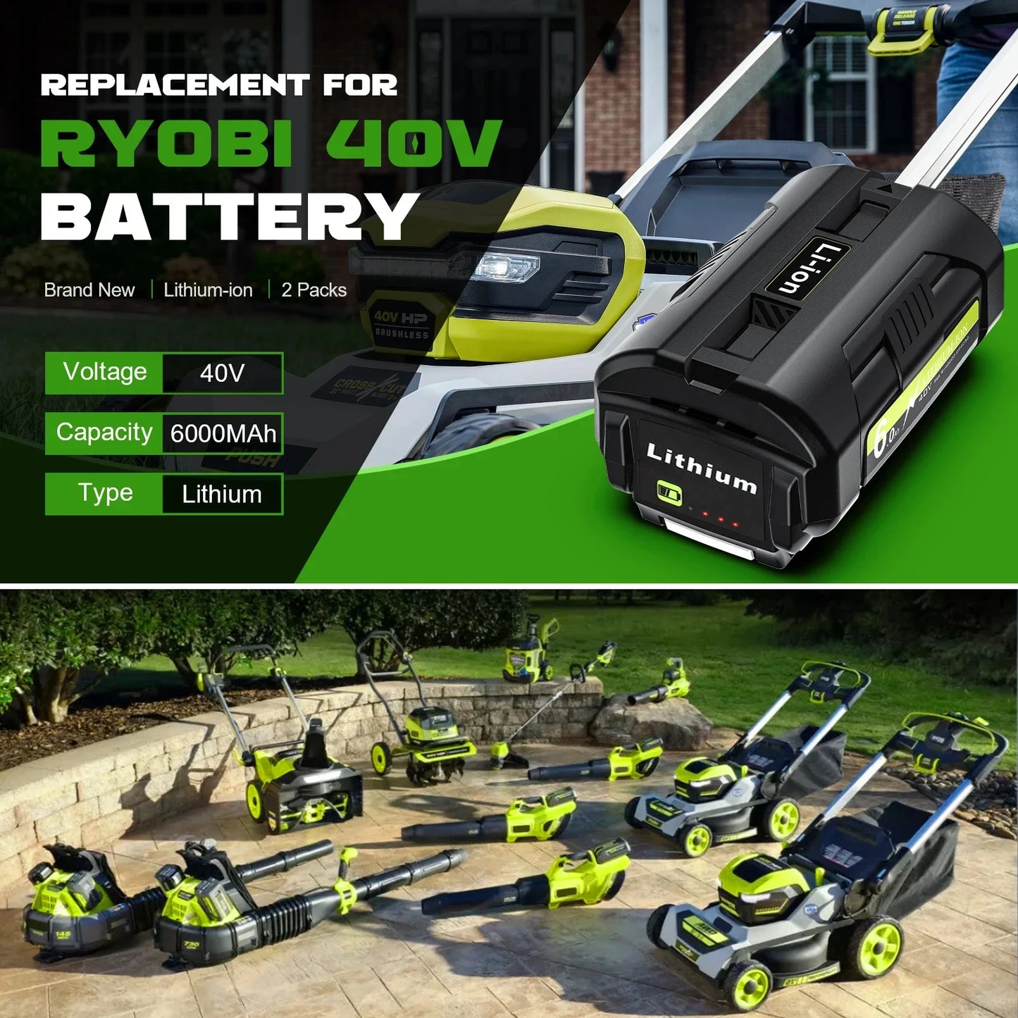 Ryobi OP40401 Battery 40V 6.0Ah Ryobi OP4026 OP4030 OP4050 OP4060A OP40201 OP40301 Batteries
