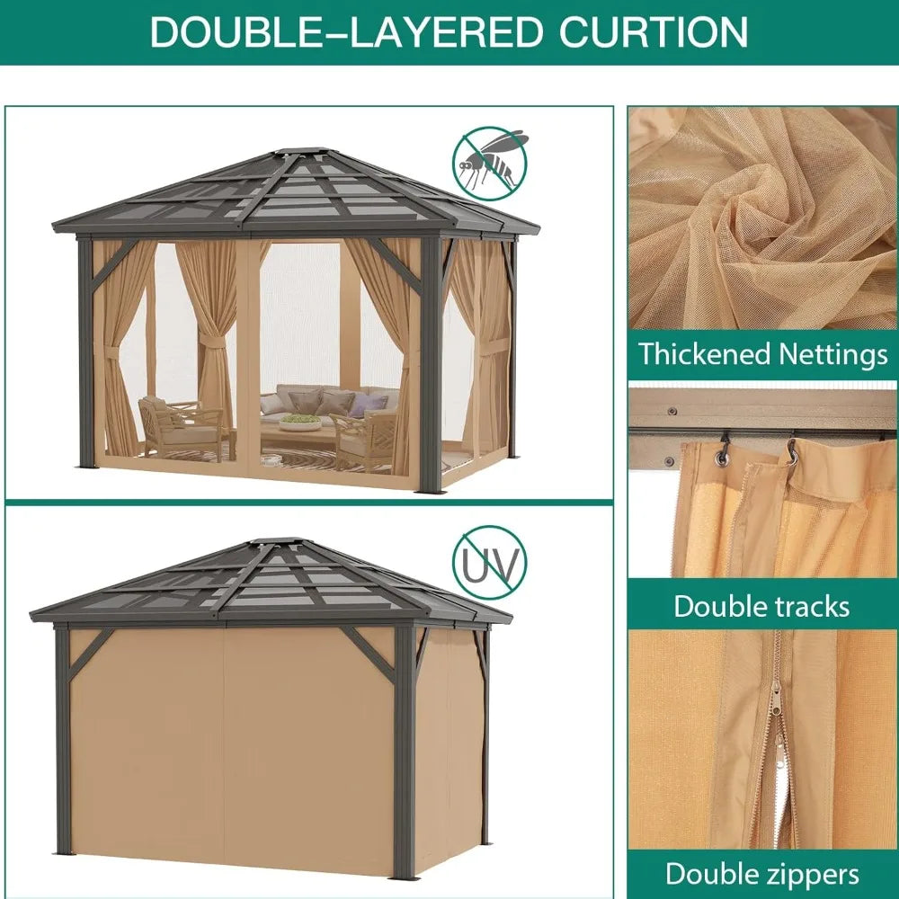 Aluminum Framed Pavilion w/Double Polycarbonate Roof, Curtains, and Netting for 10x12 Gazebo