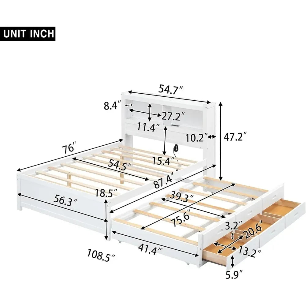 Full Platform Bed/Twin Size Trundle,Bookcase Headboard,Charging Station/3 Drawers,Wood Full Storage