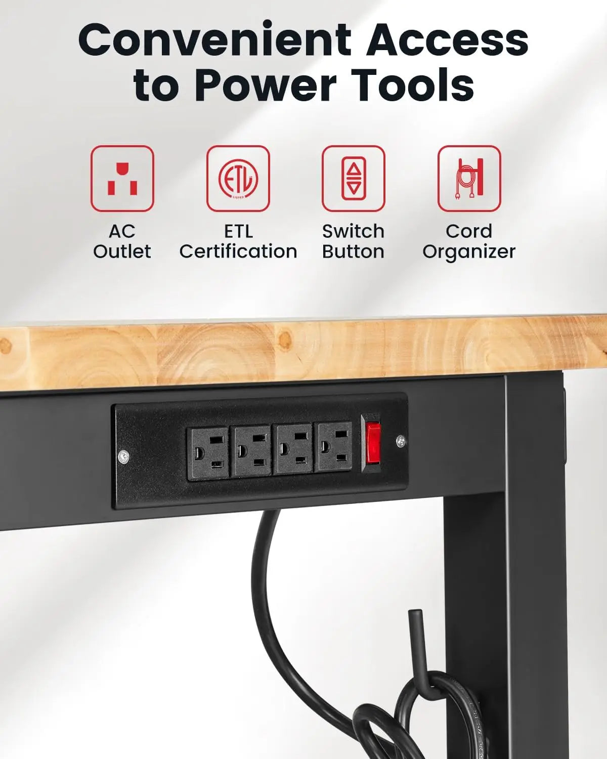 Workbench for Garage Adjustable Height Work Bench with Pegboard Power Outlets Rubber Wood Tabletop