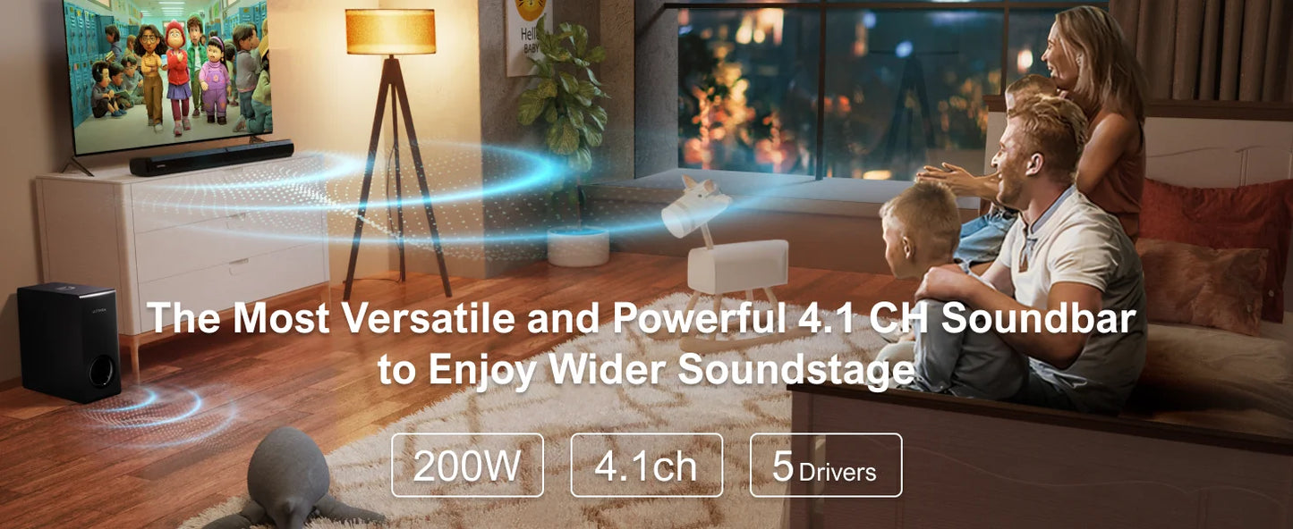 ULTIMEA 200W 4.1ch Soundbar with Subwoofer,2-in-1 Detachable Bluetooth 5.3 Soundbar for Smart TV