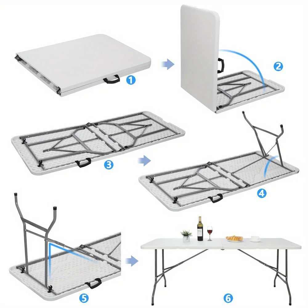 6FT Plastic Folding Table Portable Fold-in-Half Picnic Utility Table with Handle