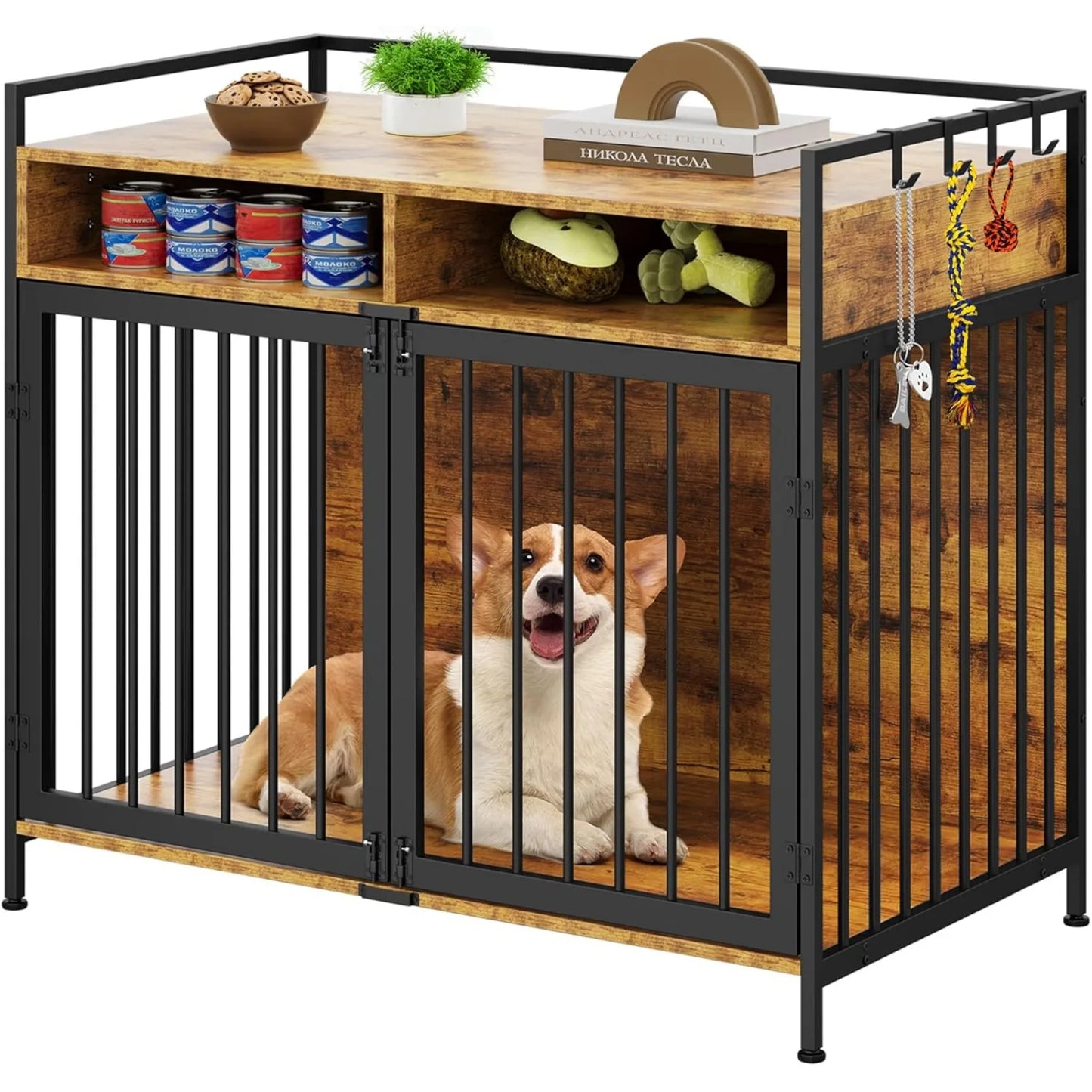 US Large  Crate, 41" Heavy Duty Dog Kennel with 2 Drawers End Table, Wooden Cage