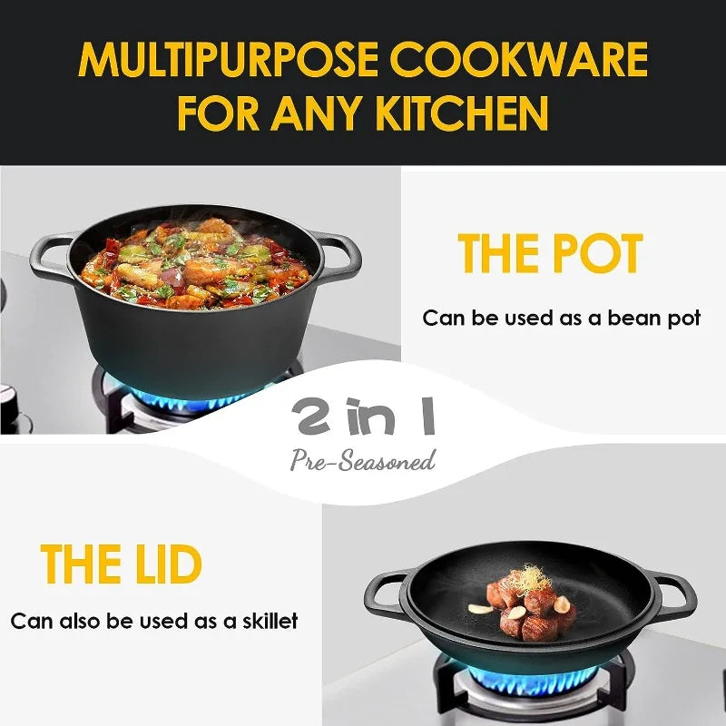 EDGING Dutch Oven Pot w/Skillet Lid Cooking Pan, Cast Iron Skillet Cookware Pan w/Dual Handles