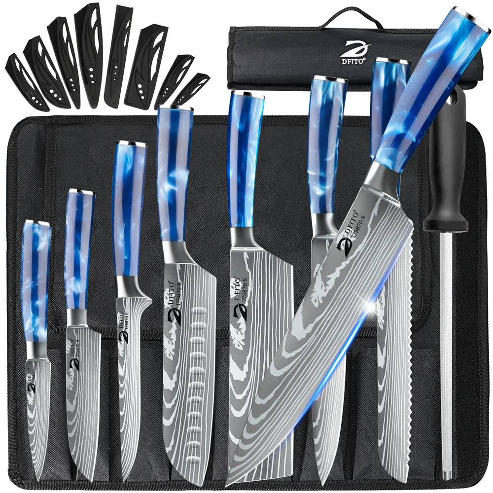 8pcs Kitchen Knife Damascus Stainless Steel Chef Knife / Santoku Knives With Nylon Bag