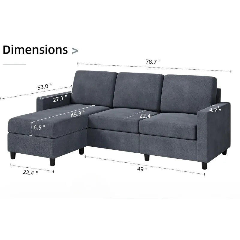 79" Convertible Sectional Sofa Couch, Modern L-Shaped , 3-Seat Sofa Sectional w/ Reversible Chaise