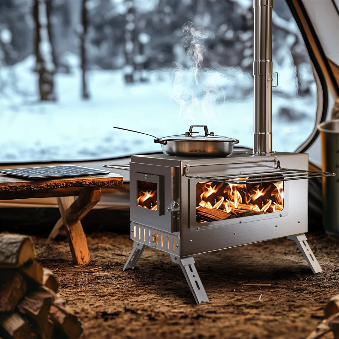 Hot Tent Stove, unho Wood Burning Stove, Portable Wood Stove with 6 Stainless Chimney Pipes