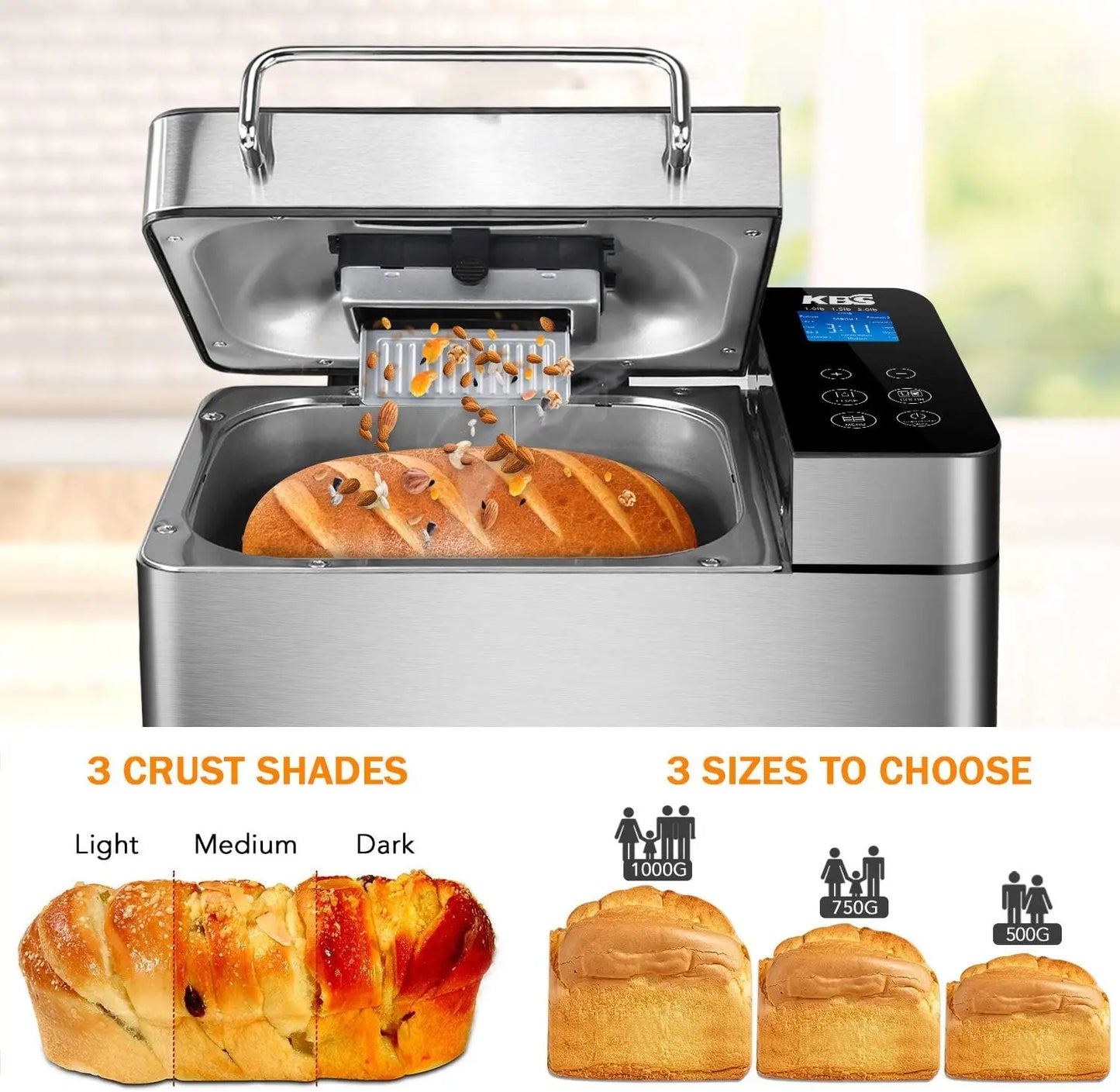 Stainless Steel Bread Machine, 2LB 17-in-1 Programmable XL Bread Maker with Fruit Nut Dispenser