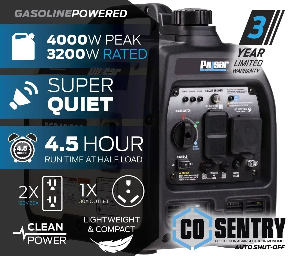 Pulsar 4000-Watt Super Quiet Gas Powered Inverter Generator with CO Sentry | USA | NEW