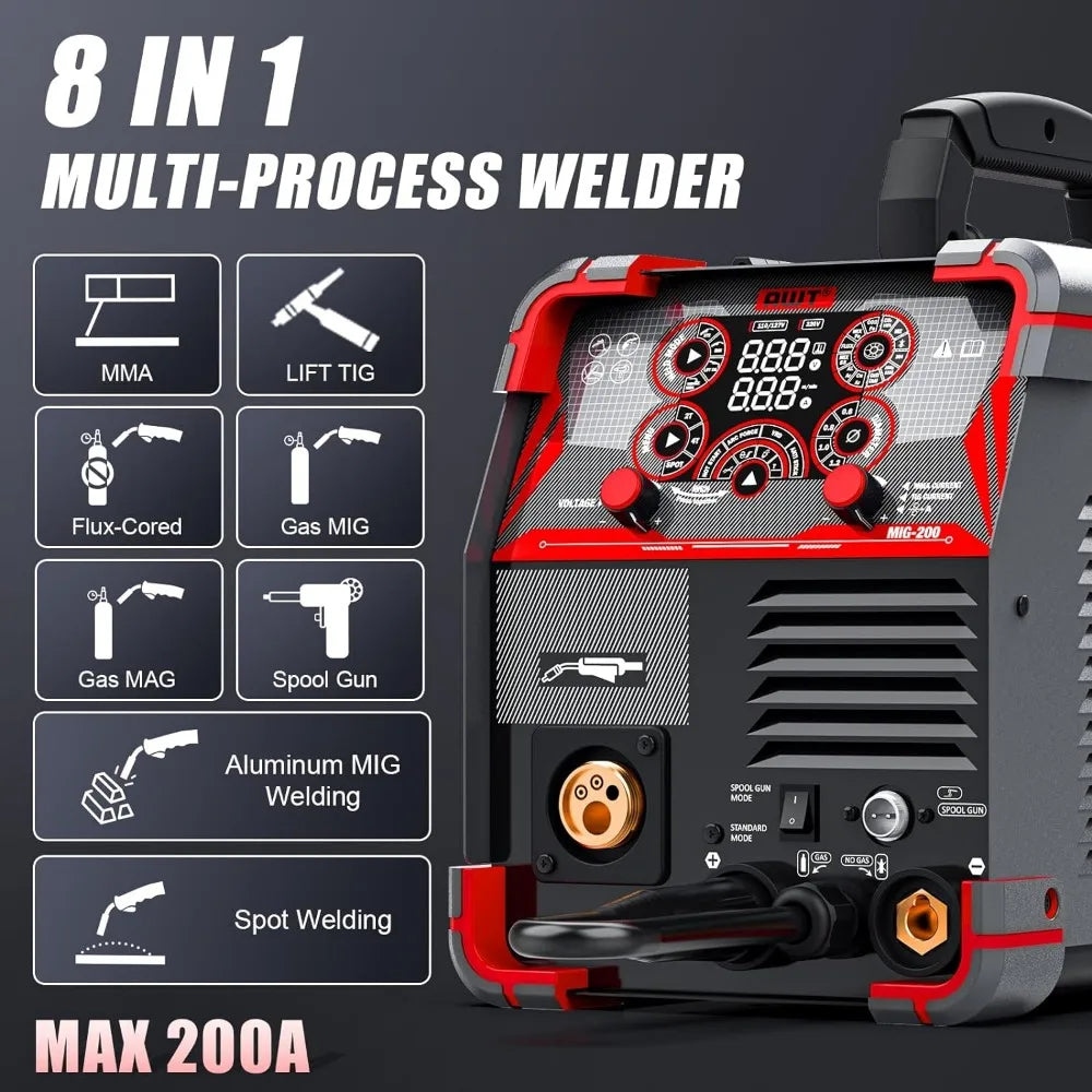 AWT MIG Welder, 200A 8 in 1 Gas MIG/Gasless Flux MIG/Stick/Lift TIG/Spot/Spool Gun Aluminum MIG