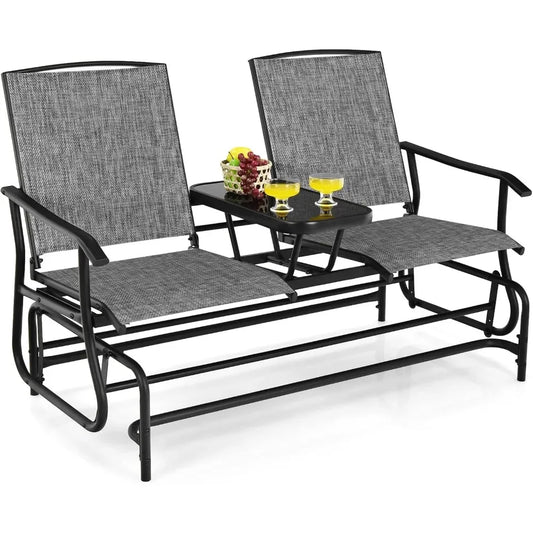 Tangkula 2 Person Swing Glider Chair, Patio Rocking Loveseat W/ Tempered Glass Table /W Steel Frame