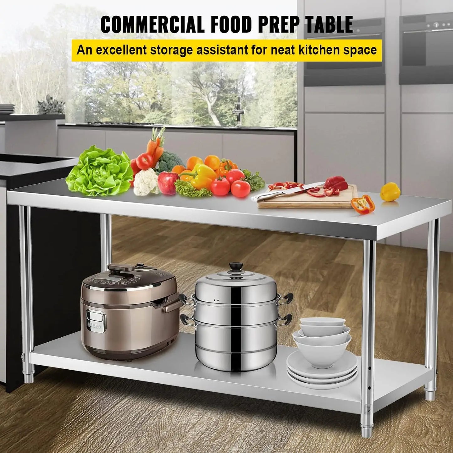 Stainless Steel Prep Table, 72 x 30 x 34 Inch, 550lbs Load Capacity Heavy Duty Metal Work Table