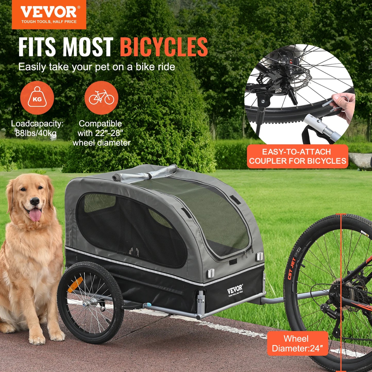 VEVOR 88 lbs Dog Bike Trailer Pet Cart Bicycle Carrier with Wheels, Coupler, Reflectors, Flag