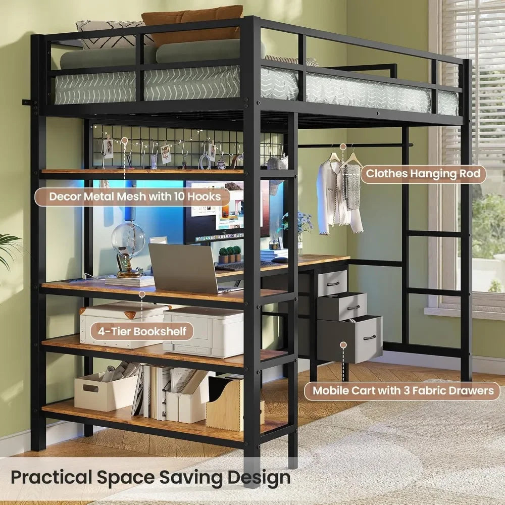 Bunk Beds Loft Bed Twin Size L-Shaped Desk/Charging Station & LED Lights 4-Tier Bookshelf & 3 Drawer