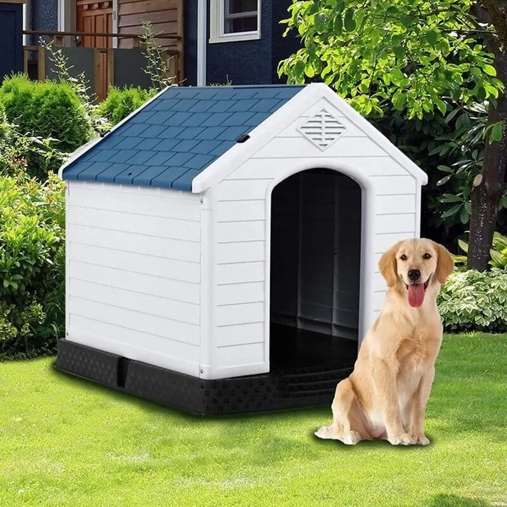 Big Dog House, Durable Waterproof Plastic Dog Kennel, Elevated Floor & Base Support Pet Winter House