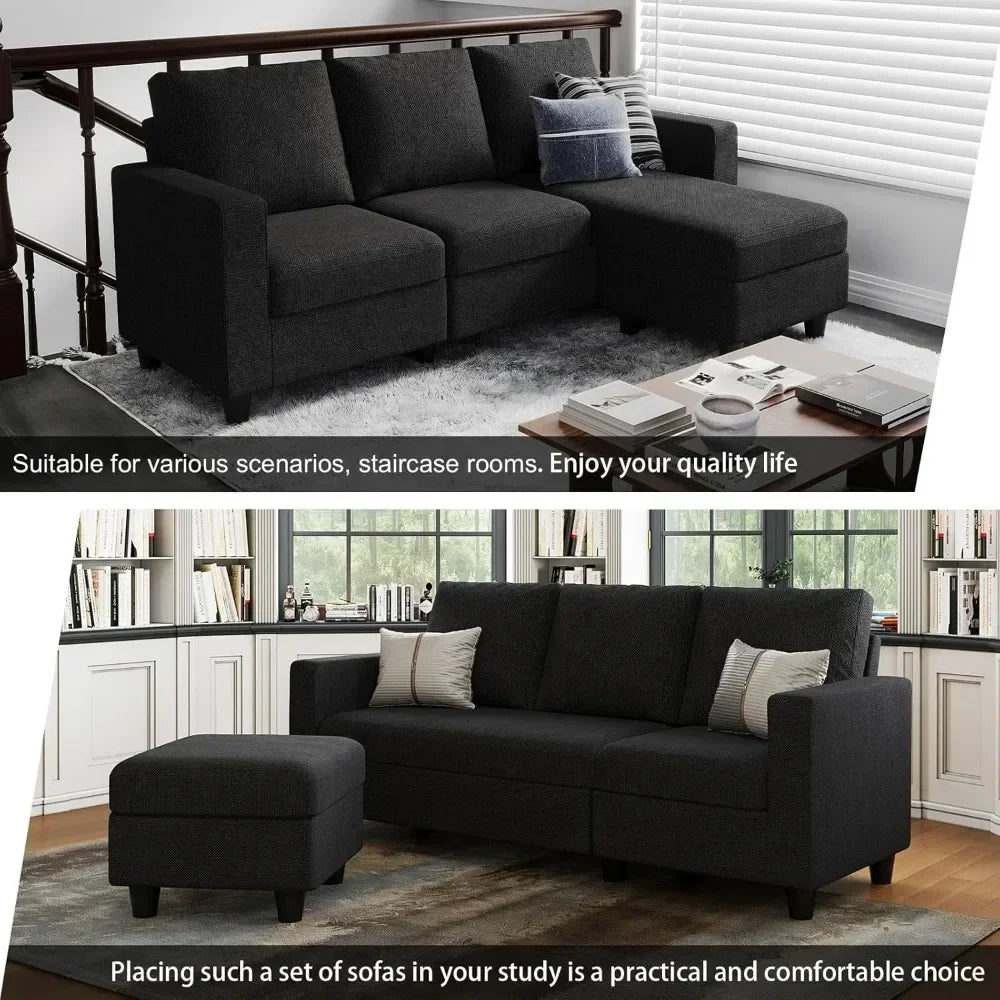 Convertible Sectional Sofa with Linen Fabric, Modern Couch with Reversible Chaise for Living Room and Small Space