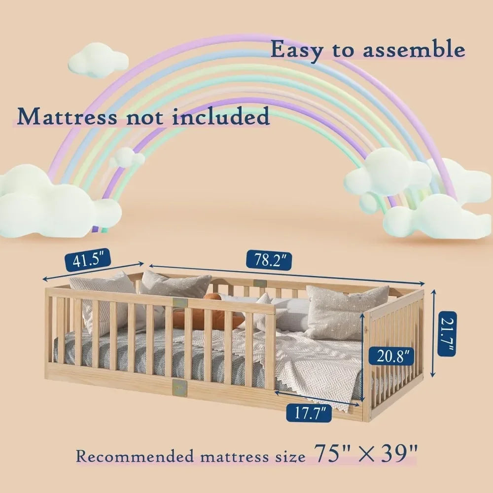 Twin beds with safety rails, children's Montessori floor beds, wooden children's floor bed frames