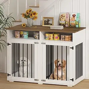 Double Dog Wooden Crate with Removable Partition and Storage Shelf, 41 Inch Kennel for Small Dogs