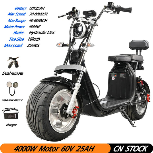 Citycoco Electric Scooter 4000W/Max Speed 60-70KM/H 60V25AH Battery Mileage 40-60KM Max Load 250KG