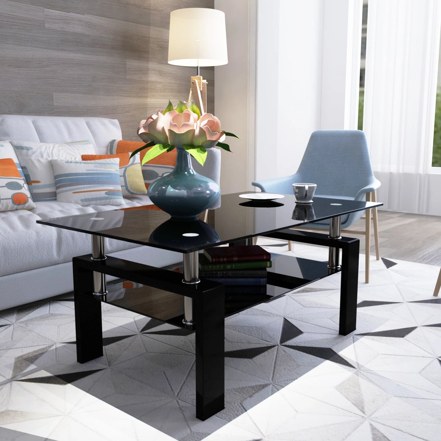 Rectangle Black Glass Coffee Table, Clear Coffee Table, Modern Side Center Tables/Furniture