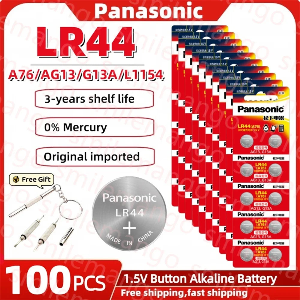 Panasonic 10-100PCS Alkaline Battery LR44 A76 AG13 LR1154 SR44 GP76 1.5V